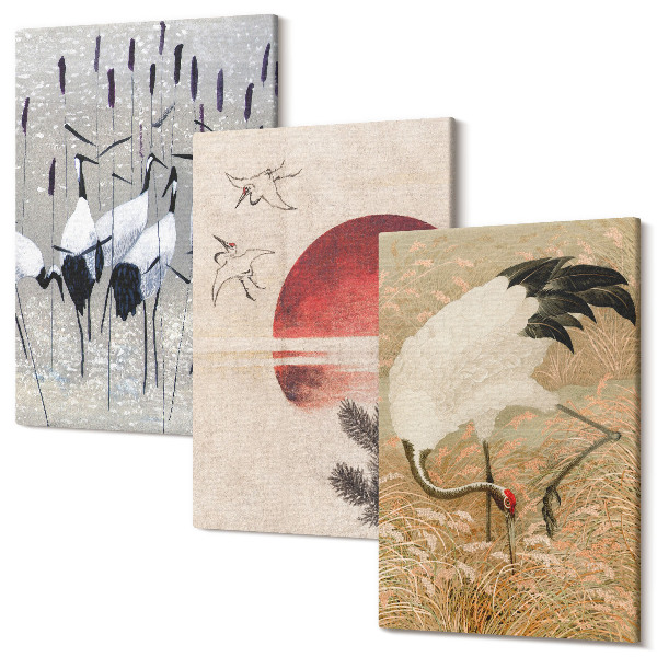 Sada obrazů triptych Japonský jeřáb ilustrace krajina japandi