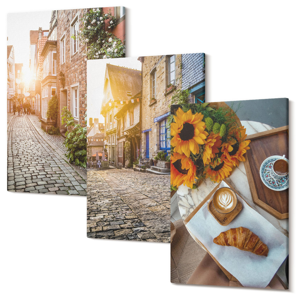 Sada obrazů na zeď triptych Okouzlující uličky s kávou a slunečnicemi