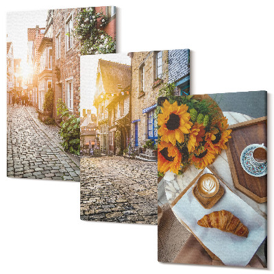 Sada obrazů na zeď triptych Okouzlující uličky s kávou a slunečnicemi