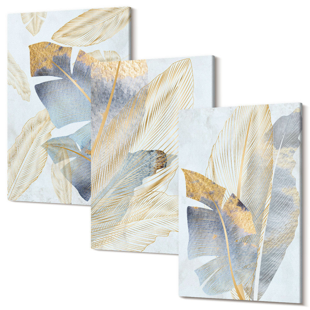 Sada obrazů triptych Listy v odstínech modré a béžové na světlém pozadí