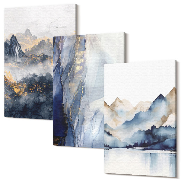 Sada obrazů na zeď triptych Horské krajiny s modrými a šedými tóny