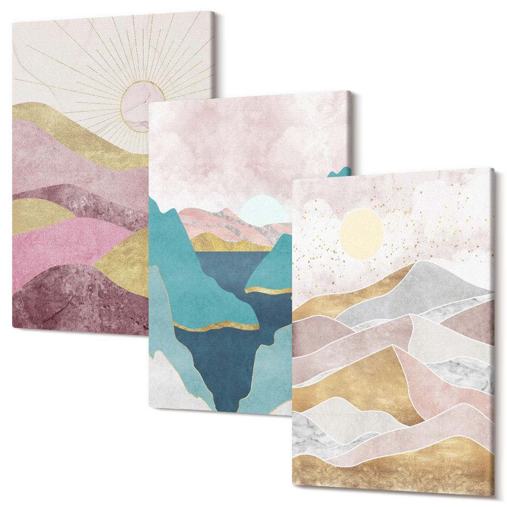 Sada obrazů triptych Abstraktní krajiny s horami a sluncem
