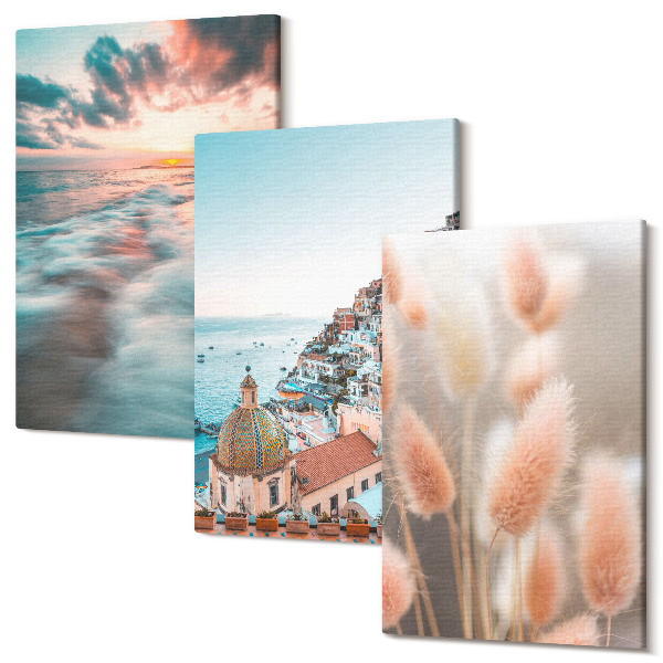Sada obrazů na zeď triptych Výhled na moře západ slunce barevné domy květiny
