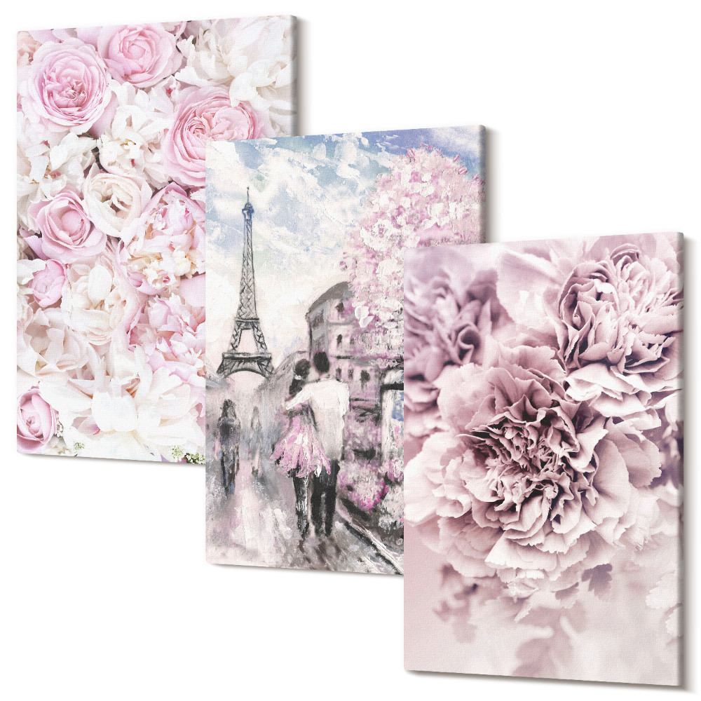 Sada obrazů na zeď triptych Květiny v odstínech růžové romantické krajiny