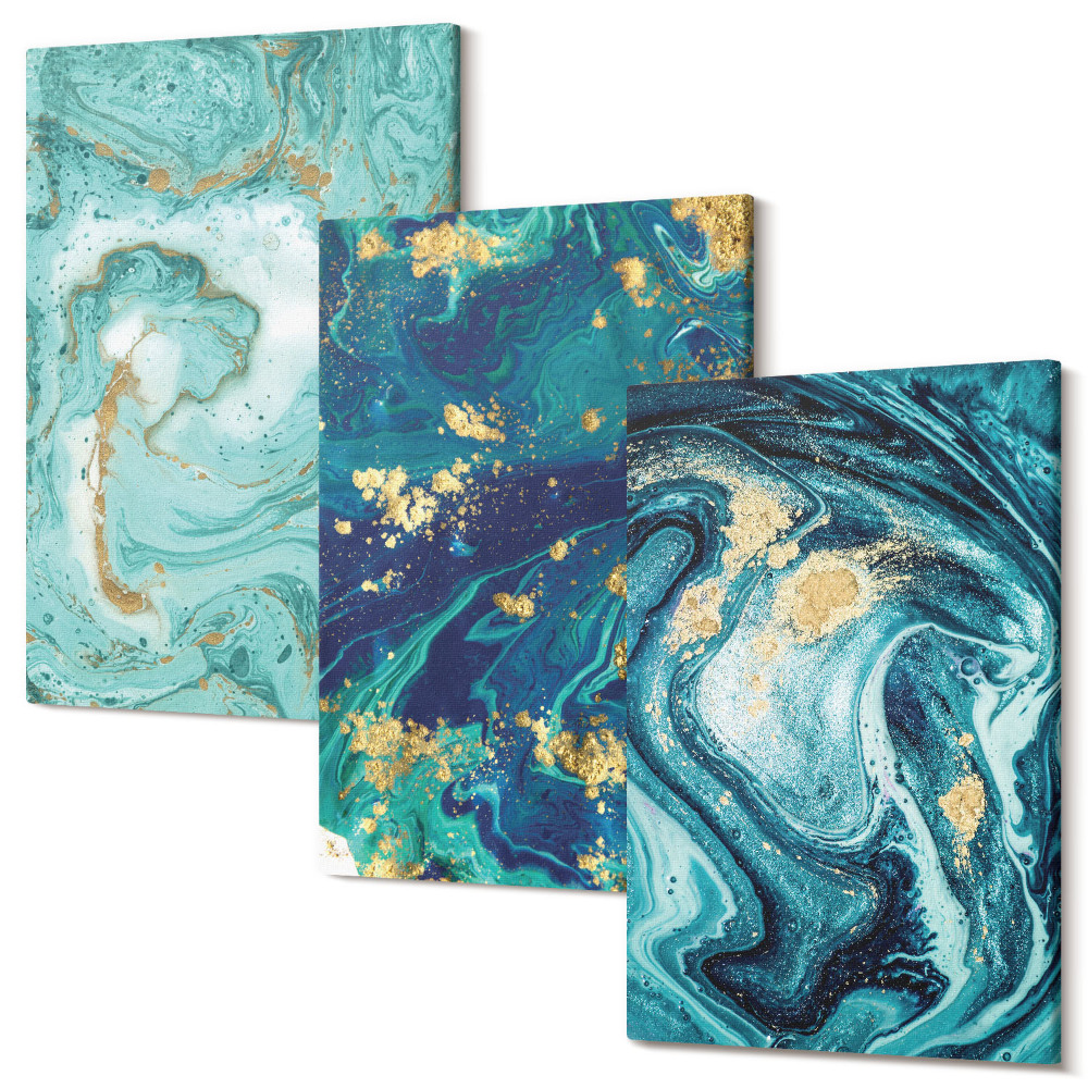 Sada 3 obrazů Tyrkysová abstrakce rozlité barvy