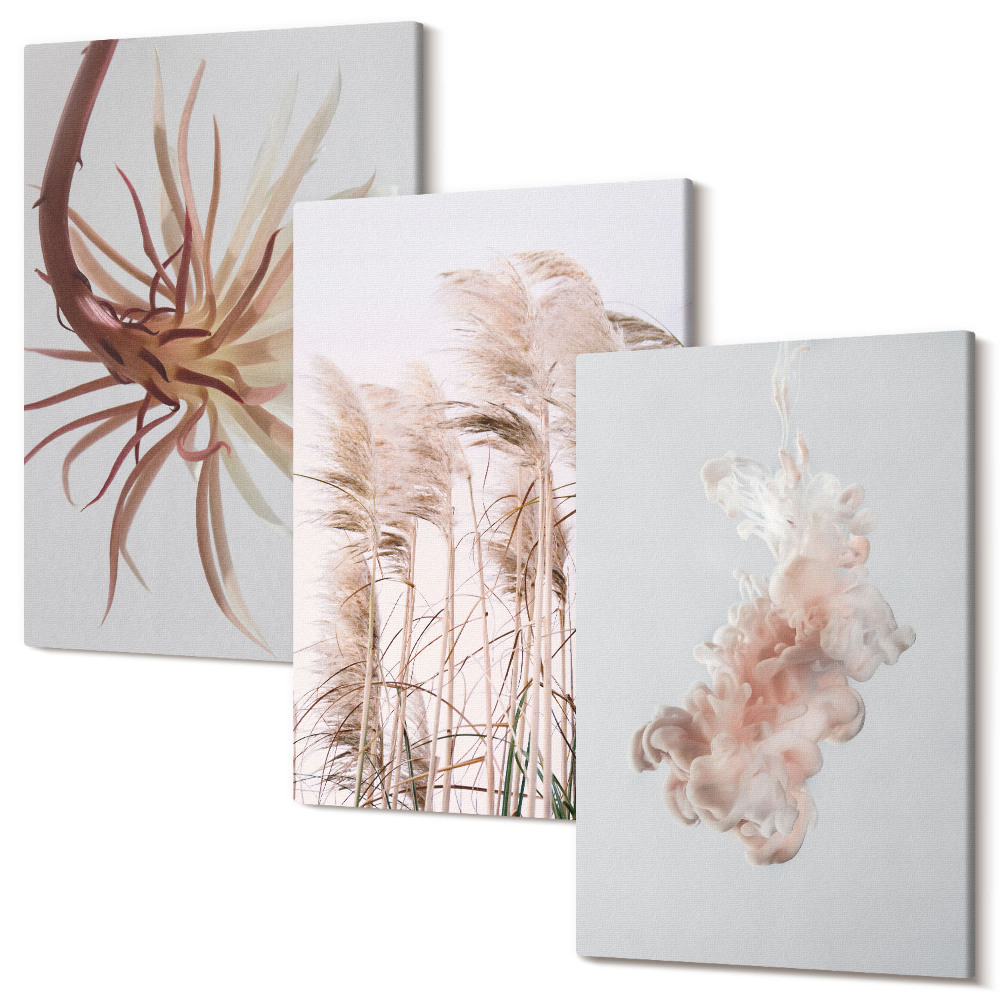 Sada obrazů na zeď triptych Květiny a trávy na světlém pozadí v harmonické sadě