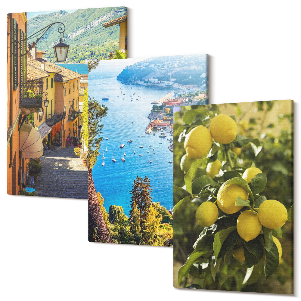 Sada obrazů na zeď triptych Malebné přímořské uličky s výhledem na moře a citrony