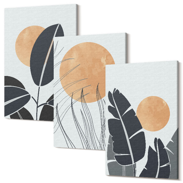 Sada obrazů triptych Rostlinné vzory s velkými slunci, minimalistický styl