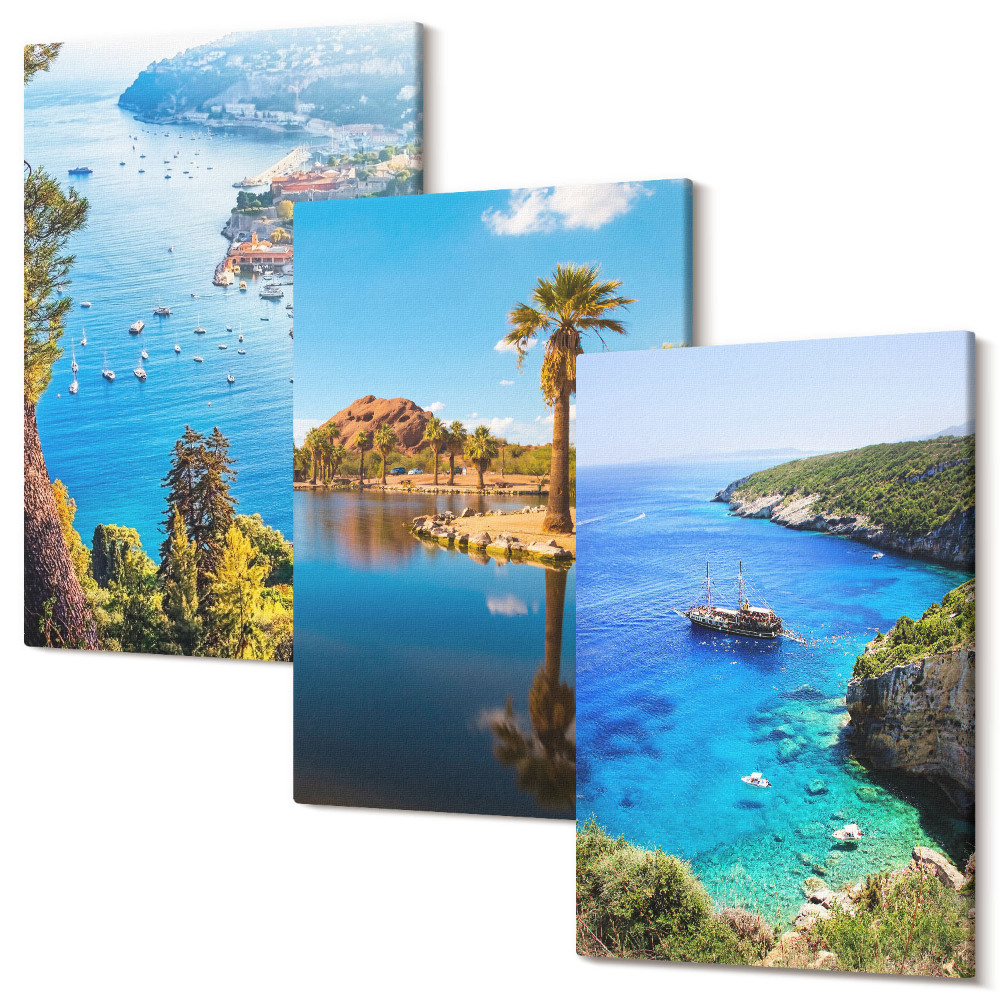 Sada 3 obrazů Výhled na moře s palmami a modrou vodou