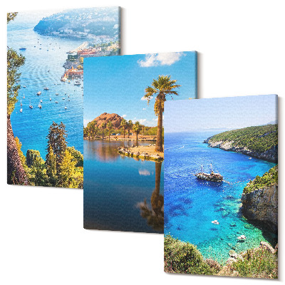 Sada 3 obrazů Výhled na moře s palmami a modrou vodou