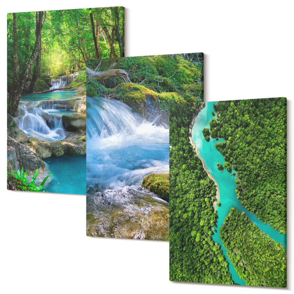 Sada obrazů triptych Zelené lesy a křišťálově čisté říční vody