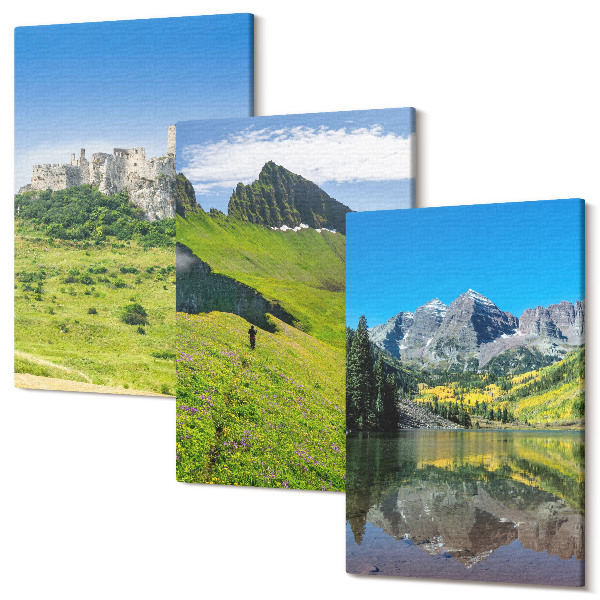 Sada obrazů triptych Zelené kopce s hradem a horskou krajinou