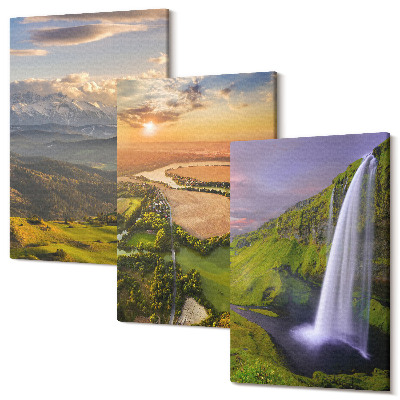 Sada obrazů na zeď triptych Pohledy na horskou řeku a vodopád v přírodě