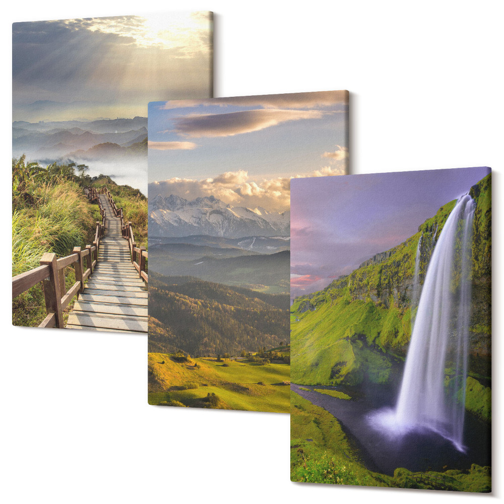 Sada obrazů triptych Malebné horské krajiny s vodopádem a stezkou