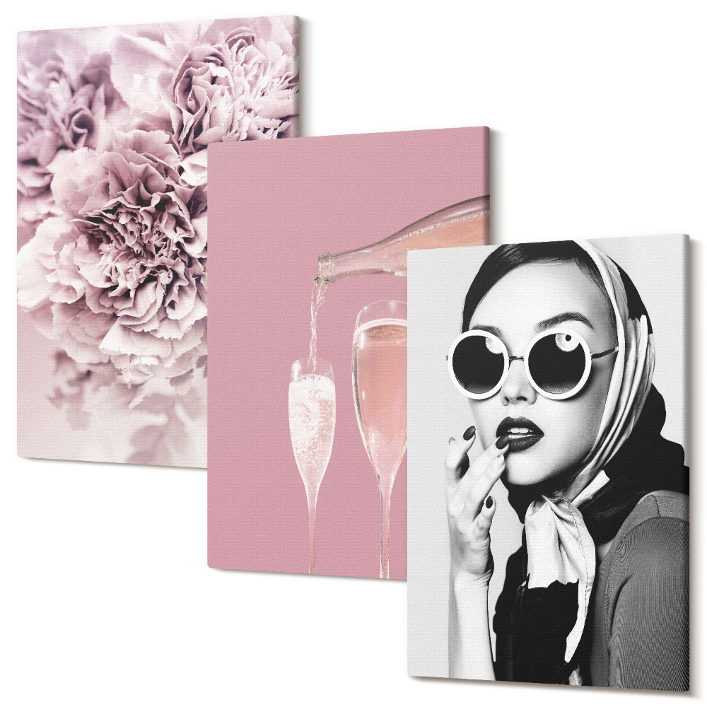 Sada obrazů triptych Květiny v odstínech růžové a elegantní žena