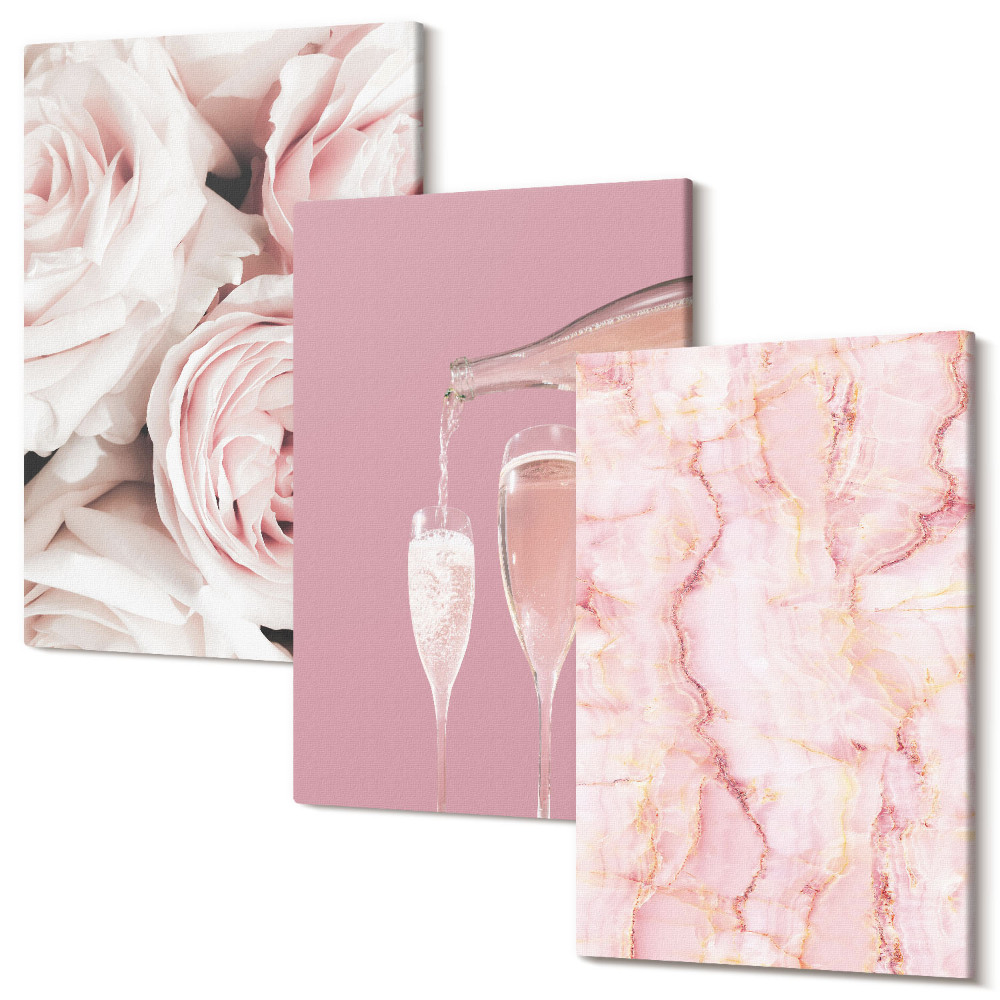 Sada 3 obrazů Šampaňské růže a pastelové mramorové pozadí