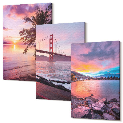 Sada obrazů triptych Západy slunce nad mostem a vodní krajina