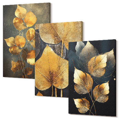 Sada 3 obrazů Listy v odstínech žluté na tmavém pozadí