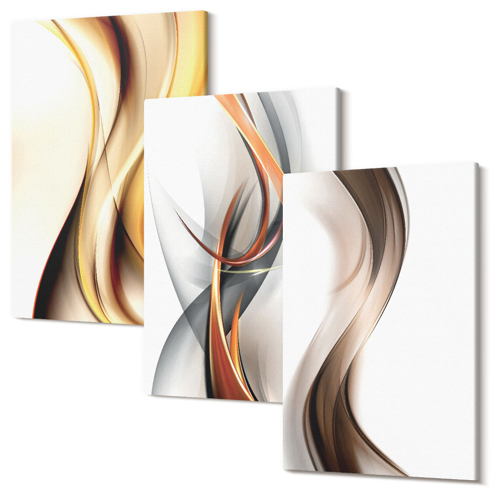 Sada obrazů na zeď triptych Vlny v odstínech žluté, šedé a hnědé