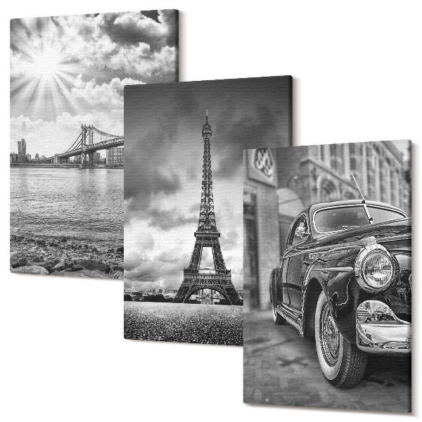 Sada obrazů triptych Výhledy na město, mosty, Eiffelova věž, klasické auto