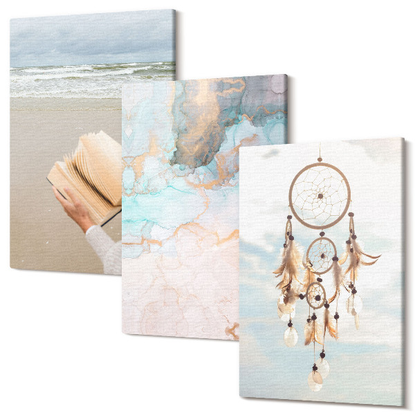 Sada obrazů na zeď triptych Abstraktní moře čtení knihy a boho lapač snů