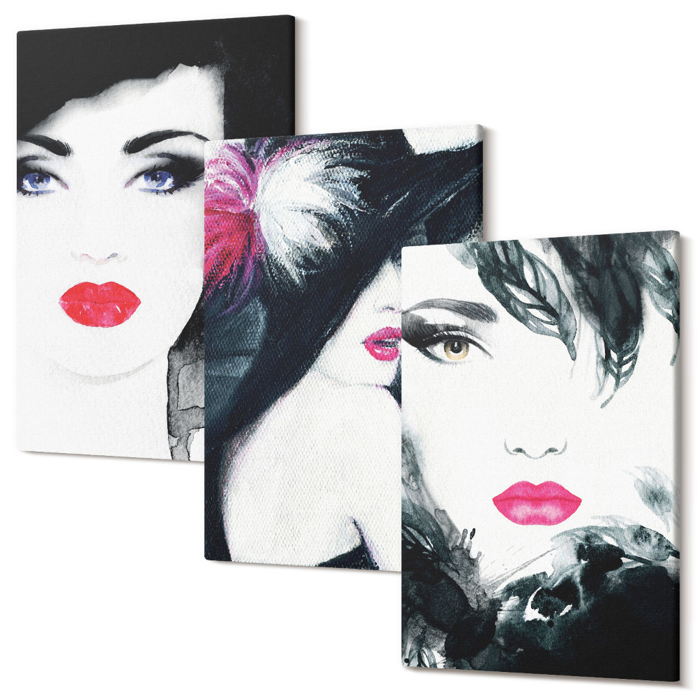 Sada 3 obrazů Malované portréty žen s výraznými rty