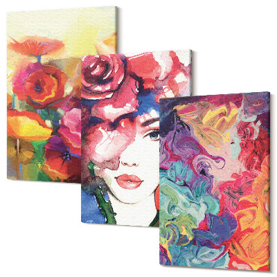 Sada 3 obrazů Květiny v intenzivních barvách, portrét ženy, abstrakt