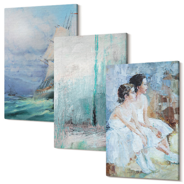 Sada obrazů na zeď triptych Loď na moři abstraktní portrét tanečníků