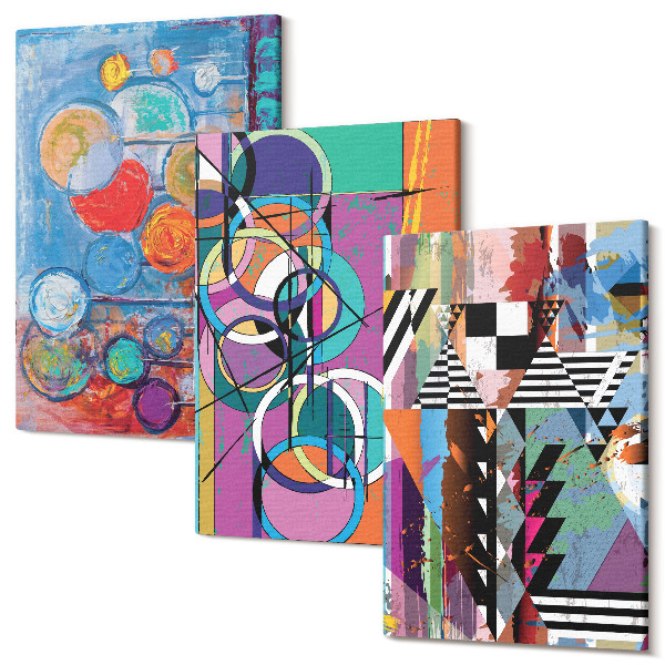 Sada obrazů triptych Barevné abstrakce s kruhy a geometrickými vzory
