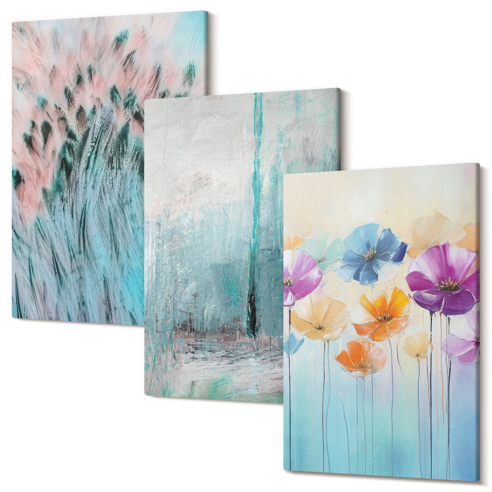 Sada obrazů triptych Květiny na pozadí pastelových barev a jemných vzorů