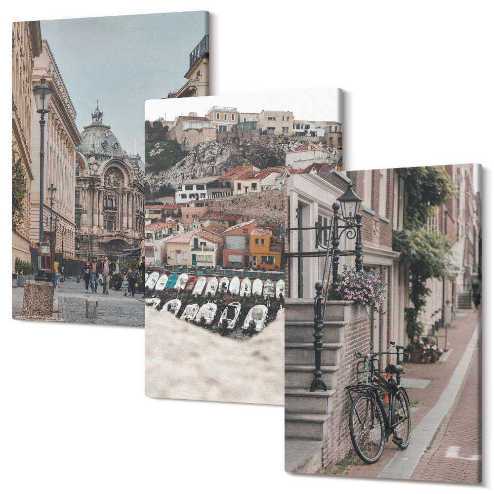 Sada obrazů triptych Okouzlující městské uličky s výhledem na přístav a budovy