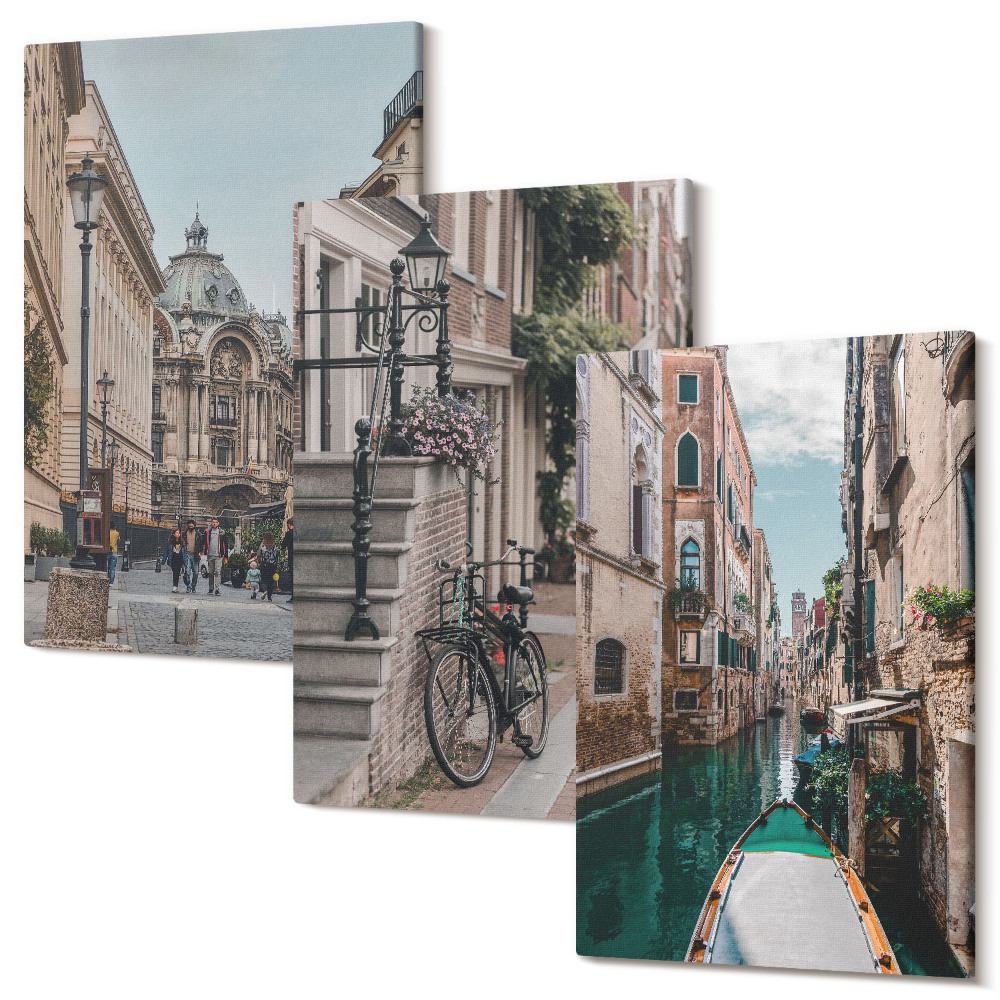 Sada obrazů triptych Ulice benátského města s architekturou a vodou