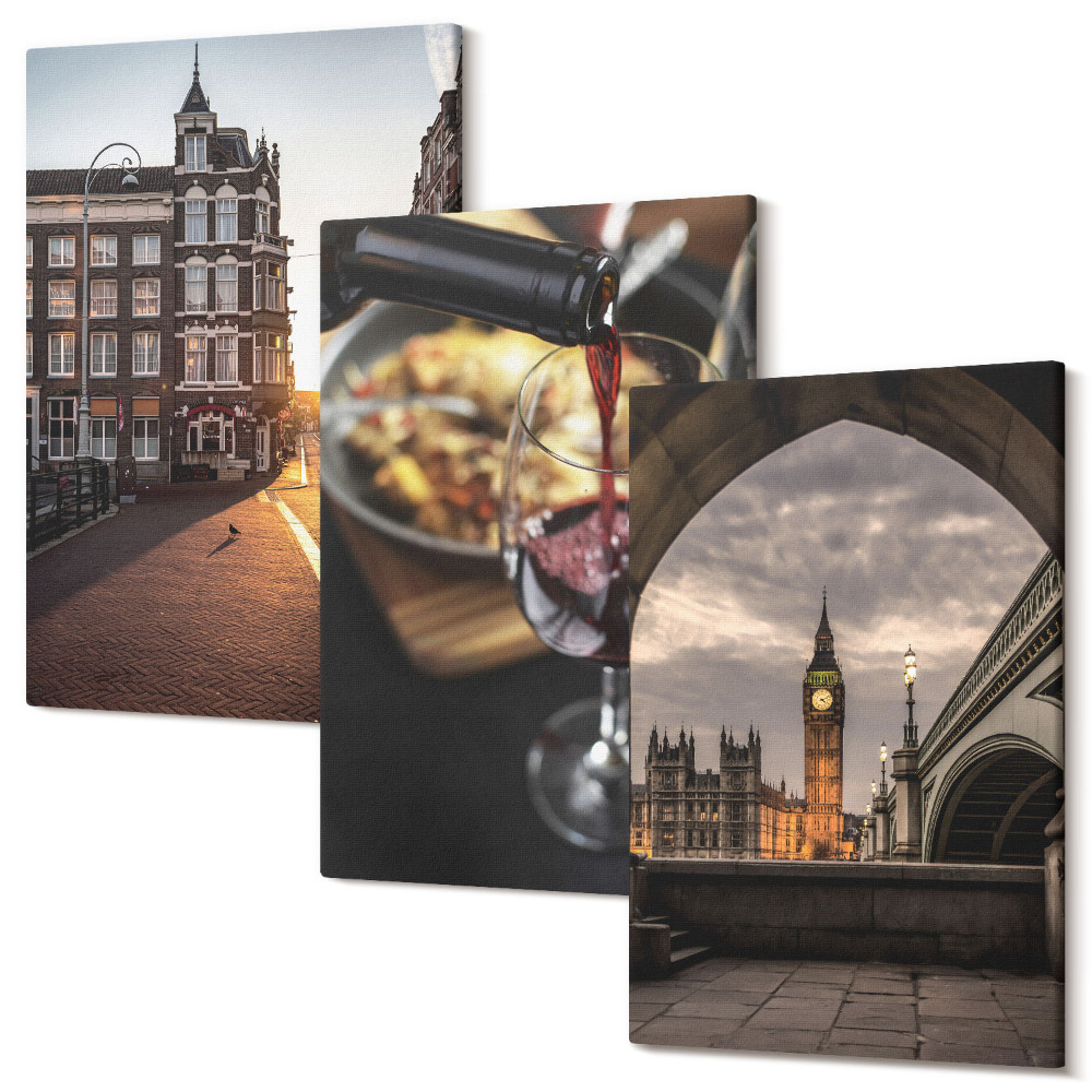 Sada obrazů na zeď triptych Sada obrázků s městem, jídlem a výhledem na Londýn