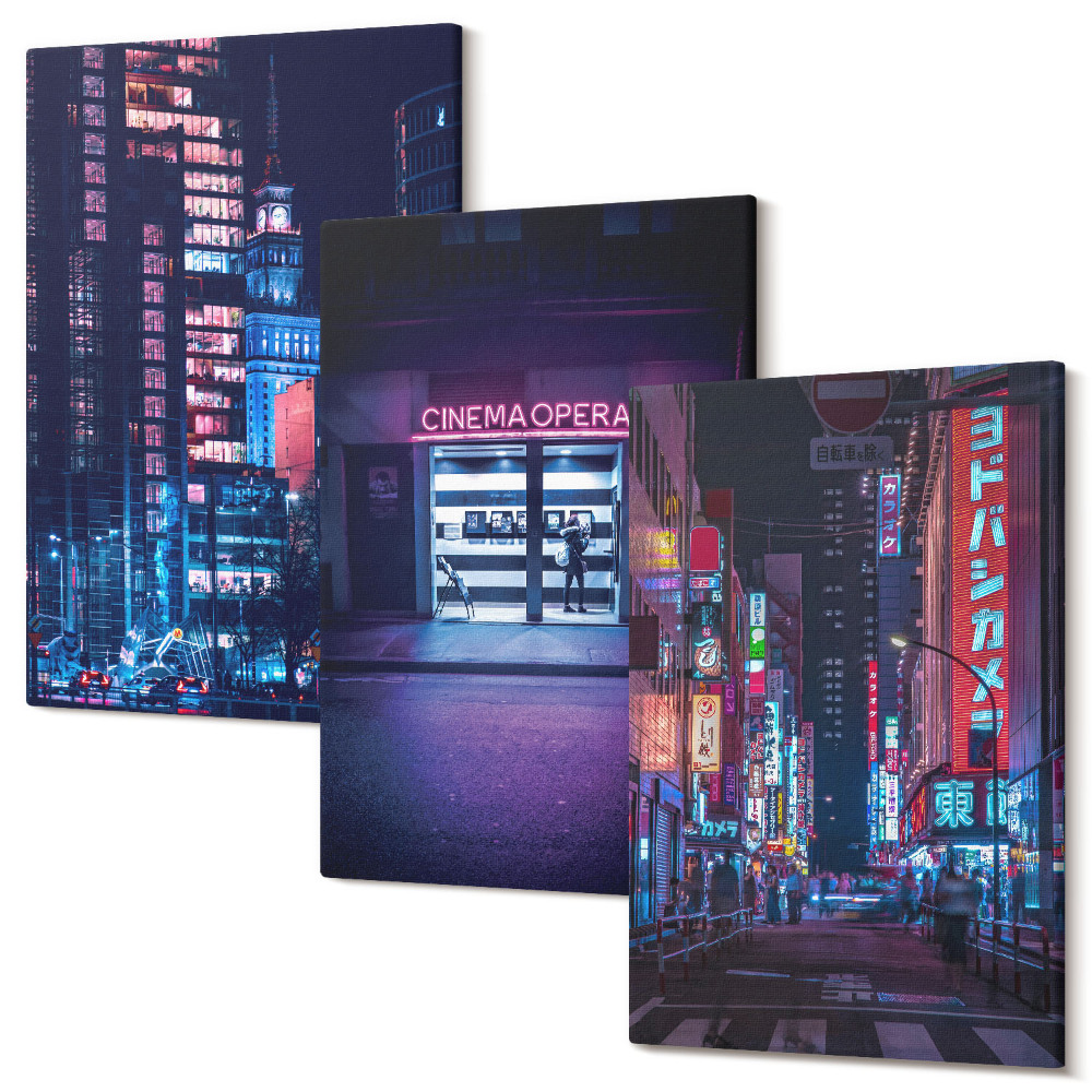 Sada obrazů na zeď triptych Noční město s neony a vstupem do kina