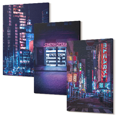 Sada obrazů na zeď triptych Noční město s neony a vstupem do kina