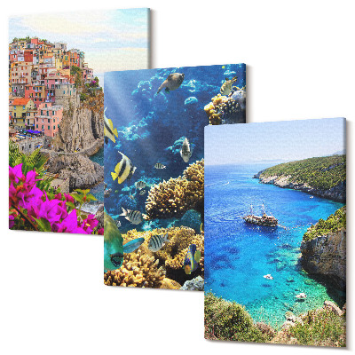 Sada obrazů triptych Výhled na moře s barevnými domy a korálovým útesem