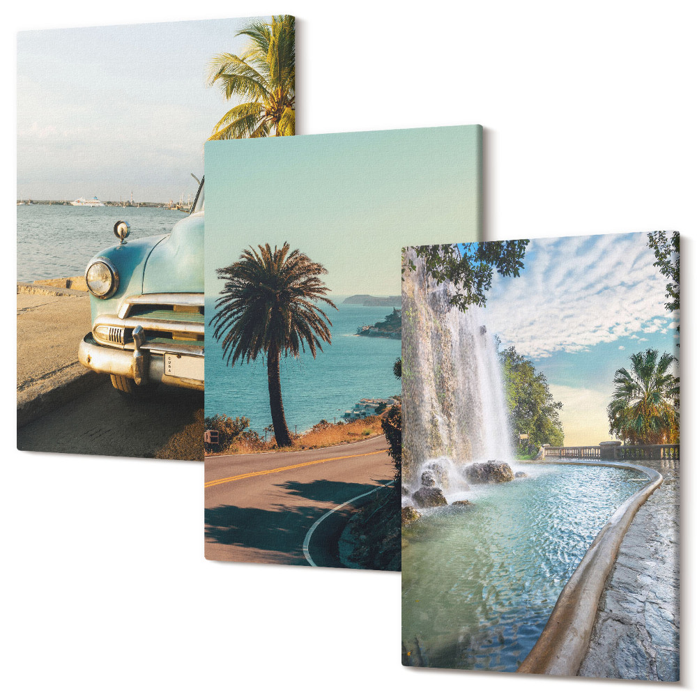 Sada 3 obrazů Prázdninové krajiny s palmami a vodopádem
