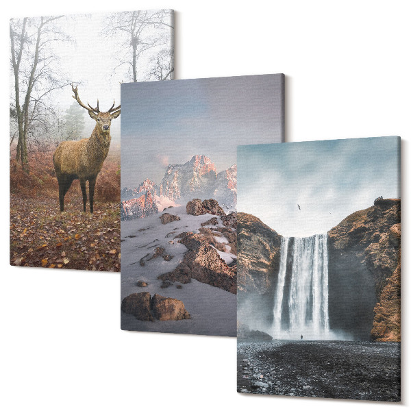 Sada obrazů triptych Přírodní divoké krajiny hory jelenů a vodopádů