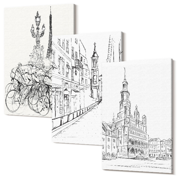 Sada obrazů triptych Jednoduché kresby pohledů na město