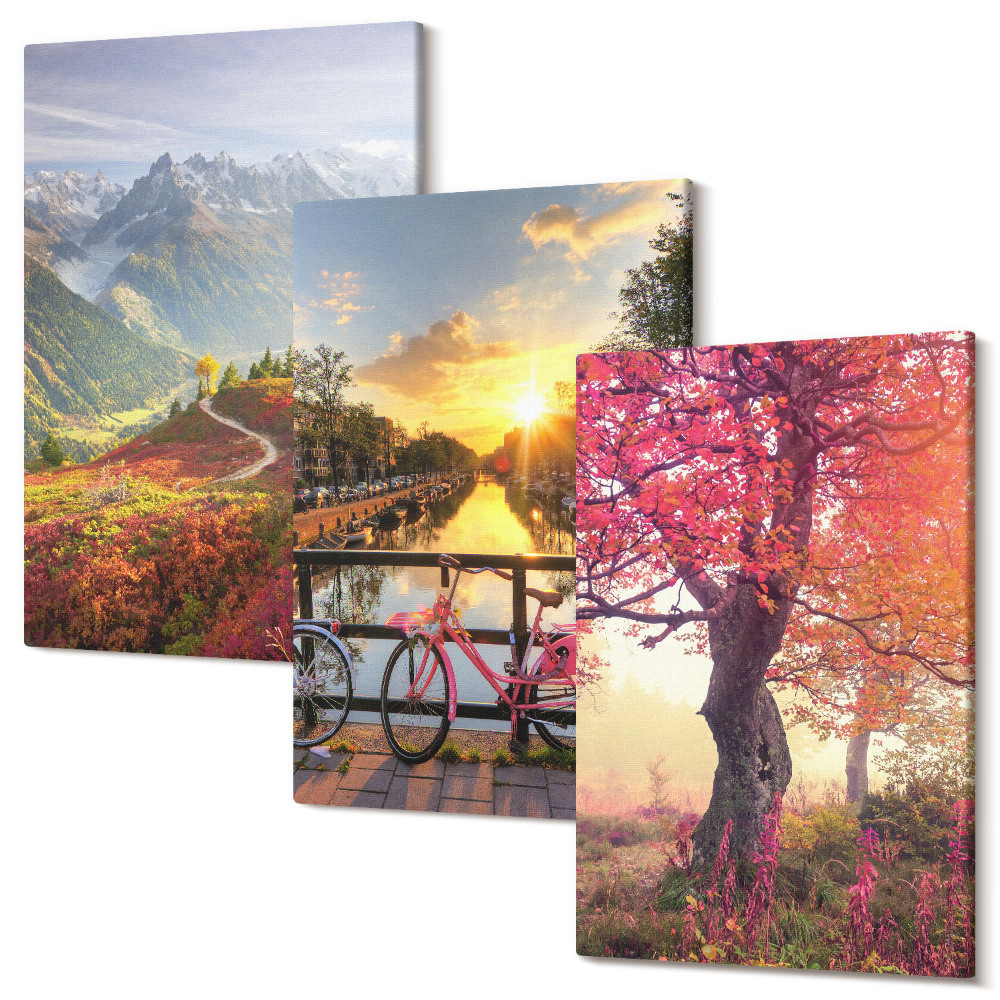 Sada obrazů na zeď triptych Horské krajiny s kolem a podzimním stromem