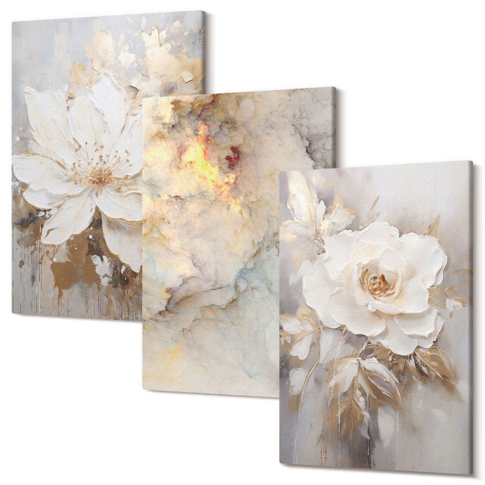 Sada 3 obrazů Květiny na světlém pozadí s abstraktními vzory