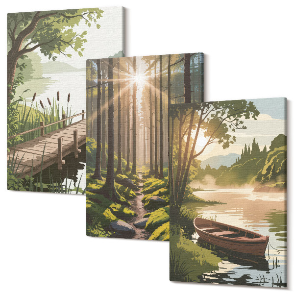 Sada obrazů na zeď triptych Klidná krajina lesa a jezera s lodí