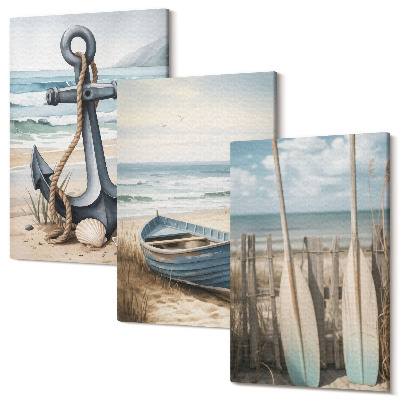 Sada 3 obrazů Lodní kotva a vesla na pláži s mořem