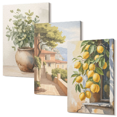 Sada obrazů na zeď triptych Květiny ve váze s výhledem na moře a citrony