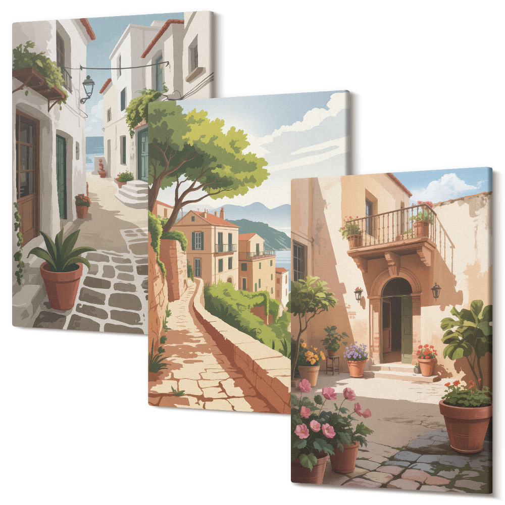 Sada obrazů na zeď triptych Malebné uličky s domy a rostlinami v květináčích
