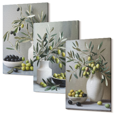 Sada obrazů na zeď triptych Olivy ve vázách s větvemi na šedém pozadí