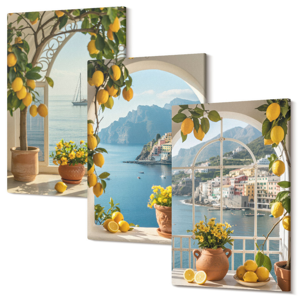 Sada obrazů triptych Přímořské město citrony a květiny v květináčích