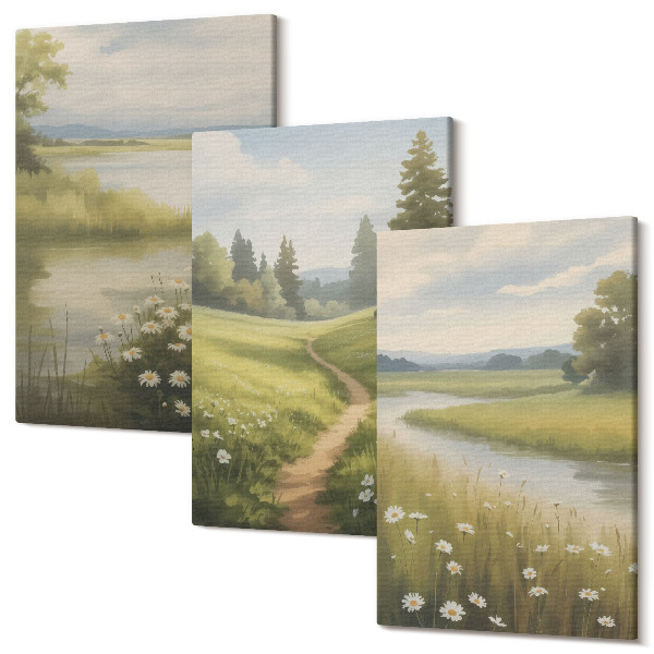 Sada obrazů na zeď triptych Jarní krajina s řekou, cestou a květinovou loukou