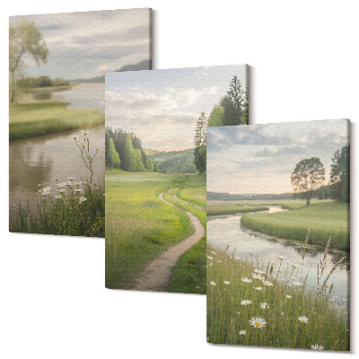 Sada 3 obrazů Klidné letní krajiny s řekou a loukou květin