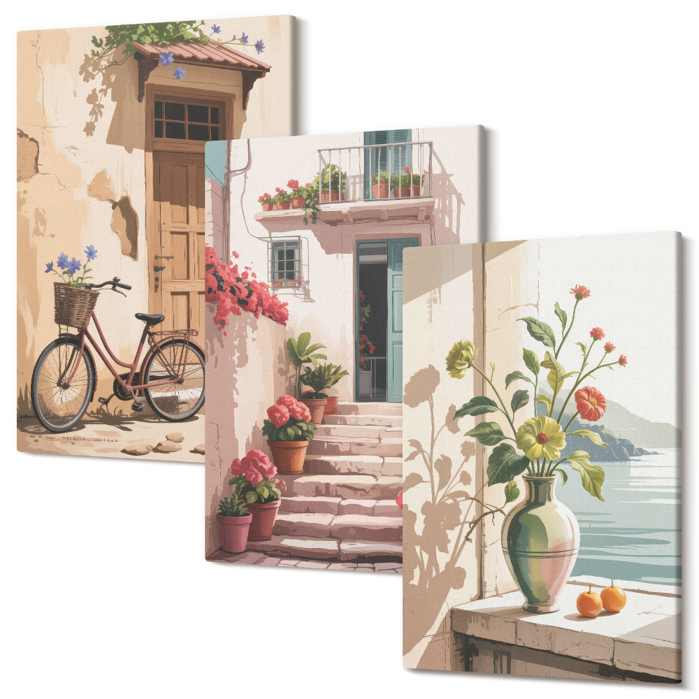 Sada obrazů triptych Malované ulice s květinami a kolo